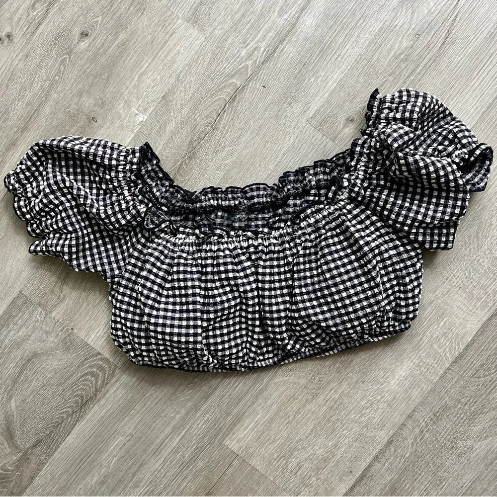 NWT Kate Spade Off The Shoulder Bikini Top Gingham Black White Padded Bandeau M - Picture 5 of 10